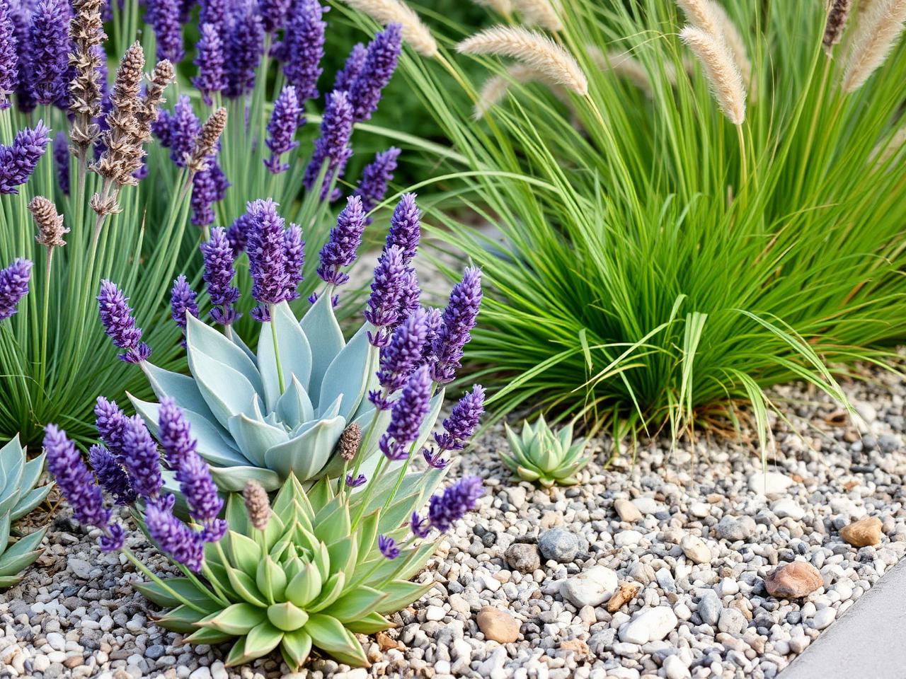 Drought-tolerant California native plants with succulents and ornamental grasses