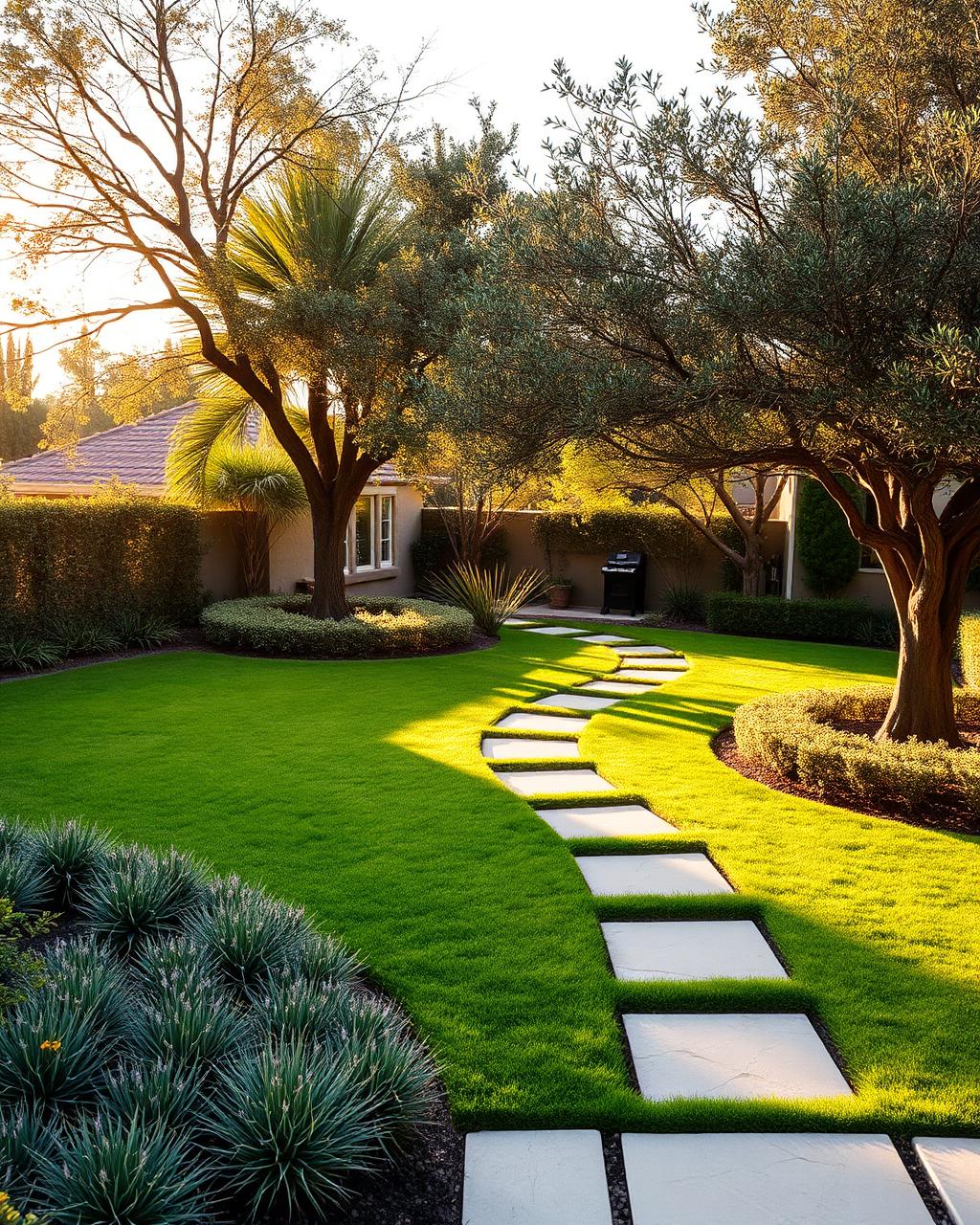 A beautifully landscaped Southern California backyard with lush lawn, drought-tolerant plants, and stone pathway at golden hour
