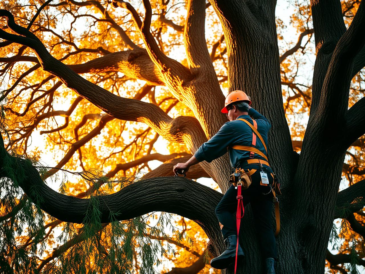 Professional arborist pruning a mature oak tree